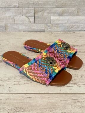 Kurt Geiger Kensington Eagle Casual Flat Raffia Slide Sandals EU 37 New Rainbow